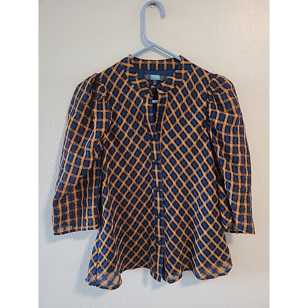 EVA FRANCO Anthropologie Womens 0 Blouse Plaid Puff Sleeves ButtonUp Blue Orange